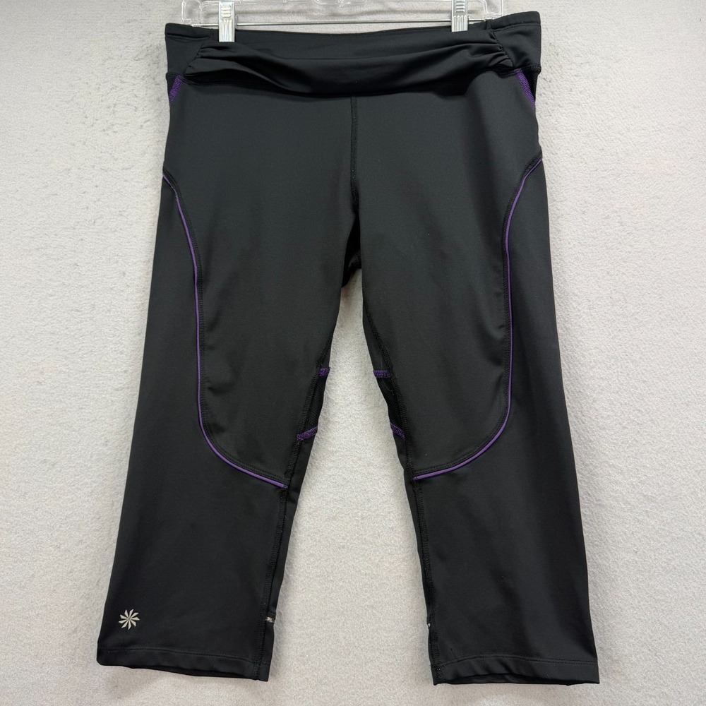 Athleta Capri Leggings Womens Large Black Purple Trim Yoga Athletic Crop Running